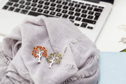 Large Amber Tree Brooch - Sterling Silver Body with Baltic Amber Leaves