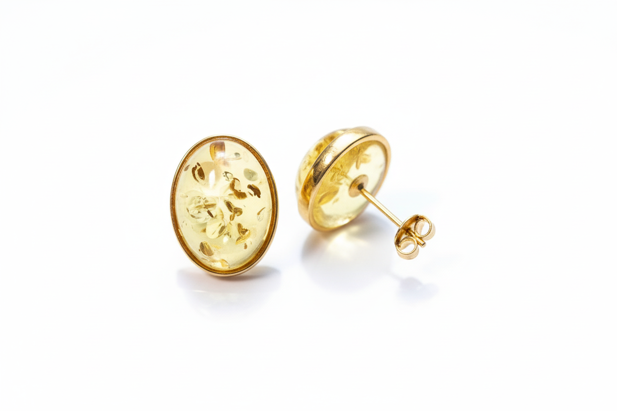 Oval Citrus Amber and Gold Stud Earrings