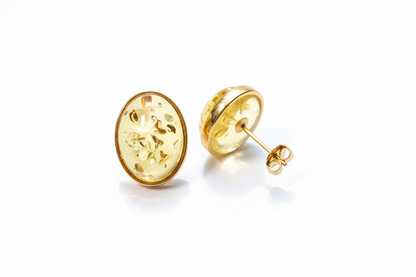 Oval Citrus Amber and Gold Stud Earrings