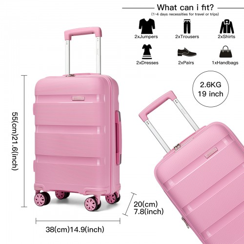 Kono 19-Inch PP Hardshell Carry-On Suitcase – Lightweight Cabin Luggage with TSA Lock & 360° Silent Spinner Wheels - Pink
