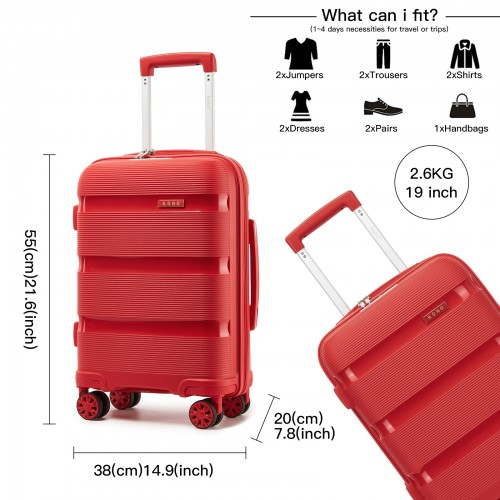 Kono 19-Inch PP Hardshell Carry-On Suitcase – Lightweight Cabin Luggage with TSA Lock & Silent 360° Spinner Wheels - Red