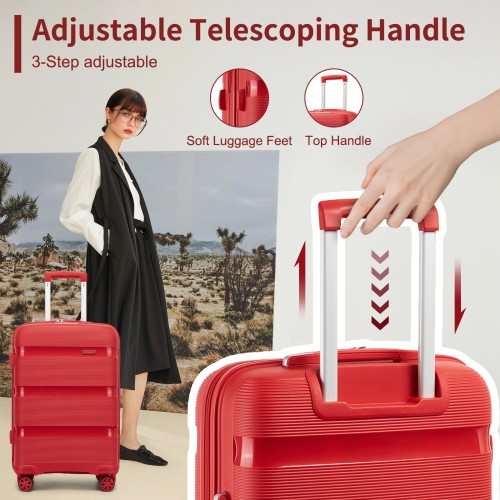 Kono 19-Inch PP Hardshell Carry-On Suitcase – Lightweight Cabin Luggage with TSA Lock & Silent 360° Spinner Wheels - Red