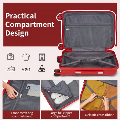 Kono 19-Inch PP Hardshell Carry-On Suitcase – Lightweight Cabin Luggage with TSA Lock & Silent 360° Spinner Wheels - Red