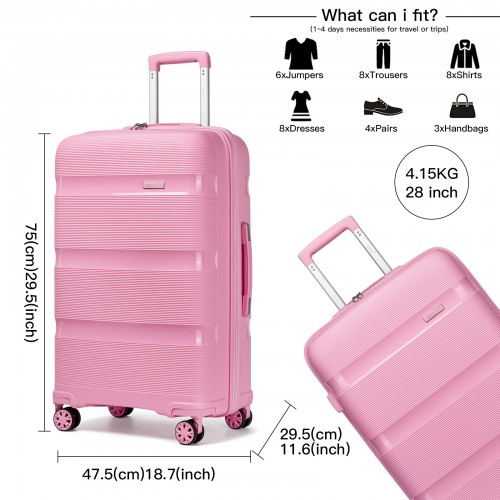 KSK2492 - Kono 28-Inch PP Hardshell Checked Luggage–Large Lightweight Suitcase with TSA Lock, 360° Spinner Wheels - Pink