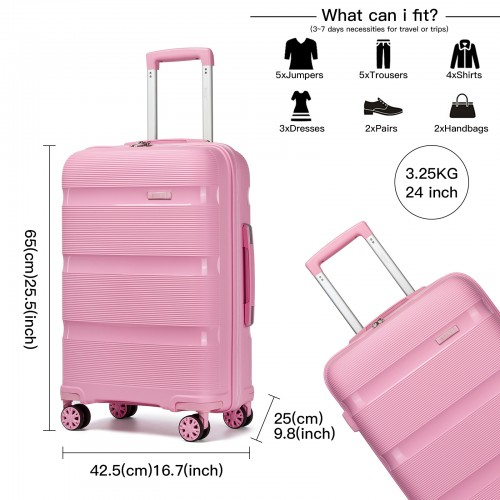 KSK2492 - Kono 24-Inch PP Hardshell Suitcase – Durable Checked Luggage with TSA Lock & 360° Spinner Silent Wheels - Pink