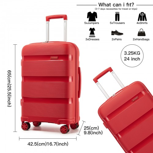 Kono 24-Inch PP Hardshell Suitcase – Durable Checked Luggage with TSA Lock & 360° Spinner Silent Wheels - Red