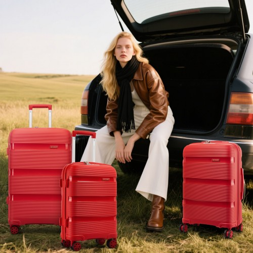 Kono 24-Inch PP Hardshell Suitcase – Durable Checked Luggage with TSA Lock & 360° Spinner Silent Wheels - Red