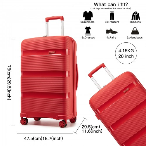 KSK2492 - Kono 28-Inch PP Hardshell Checked Luggage–Large Lightweight Suitcase with TSA Lock, 360° Spinner Wheels - Red