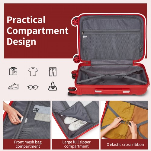 KSK2492 - Kono 28-Inch PP Hardshell Checked Luggage–Large Lightweight Suitcase with TSA Lock, 360° Spinner Wheels - Red