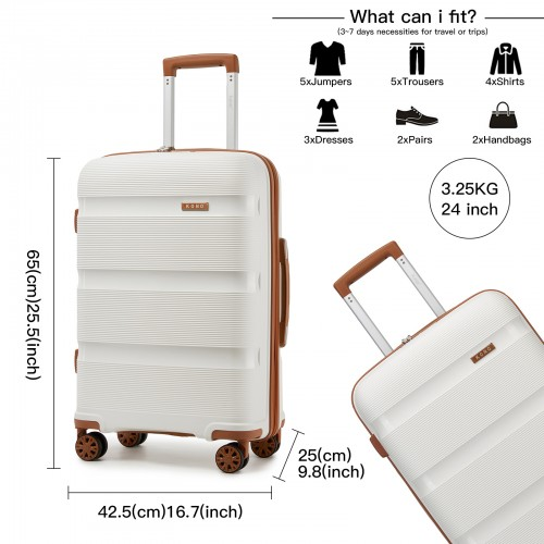 Kono 24-Inch PP Hardshell Suitcase with TSA Lock & 360° Spinner Silent Wheels - Cream And Brown