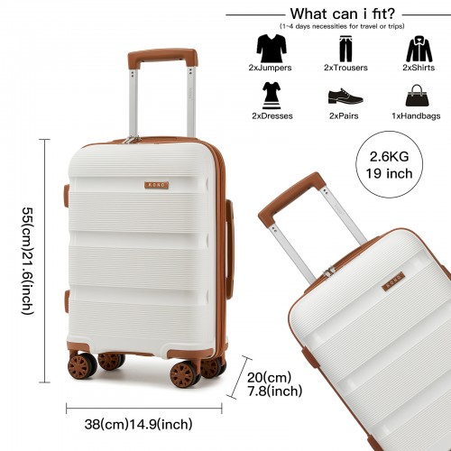 Kono 19-Inch Lightweight PP Hardshell Carry-On Suitcase with TSA Lock & 360° Silent Spinner Wheels - Cream And Brown