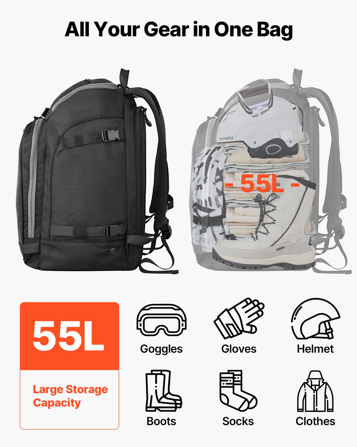 VEVOR Ski Boot Bag, 55L Backpack for Men & Women, Waterproof, Durable 1680D Oxford, Black