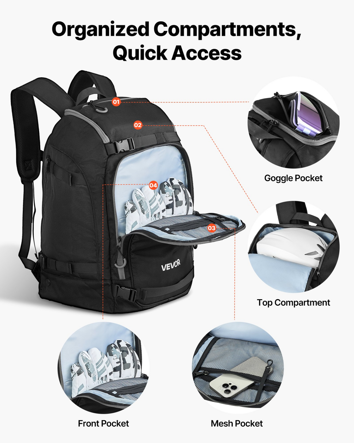 VEVOR Ski Boot Bag, 55L Backpack for Men & Women, Waterproof, Durable 1680D Oxford, Black