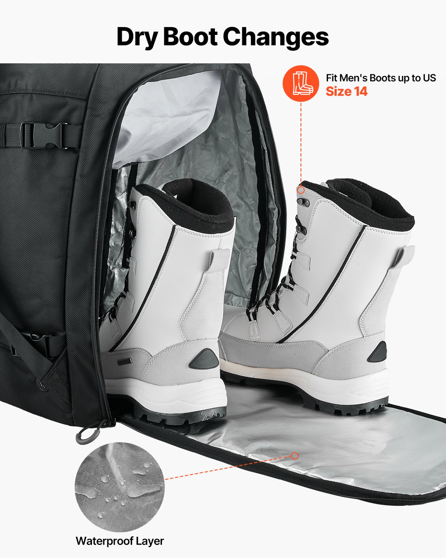 VEVOR Ski Boot Bag, 55L Backpack for Men & Women, Waterproof, Durable 1680D Oxford, Black