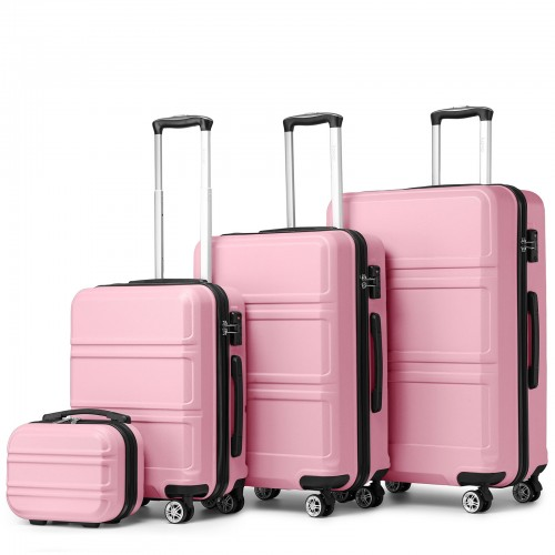 K1871-1L - Kono ABS Sculpted Horizontal Design 4 Pcs Suitcase Set With Vanity Case - Pink