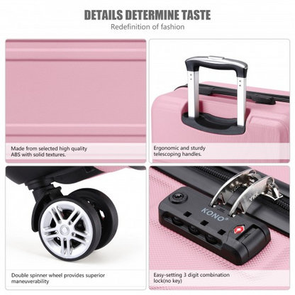 K1871-1L - Kono ABS Sculpted Horizontal Design 4 Pcs Suitcase Set With Vanity Case - Pink