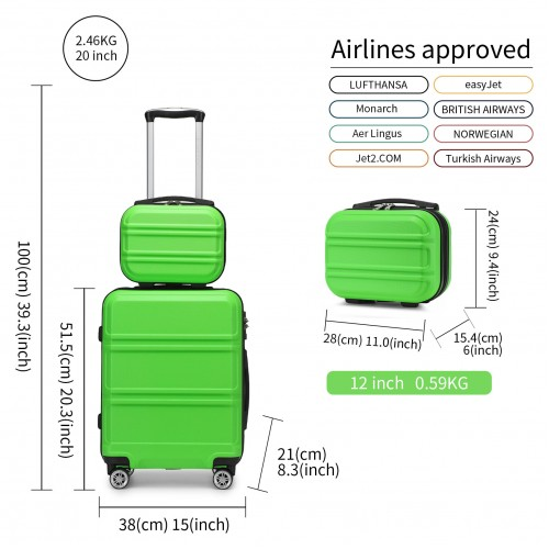 K1871-1L - Kono ABS Sculpted Horizontal Design 4 Pcs Suitcase Set With Vanity Case - Green