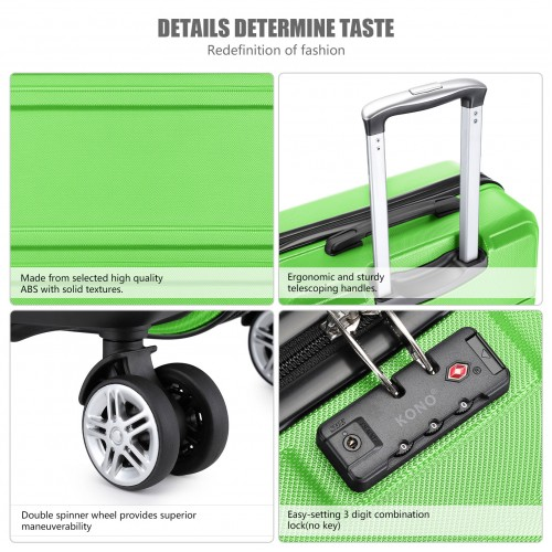 K1871-1L - Kono ABS Sculpted Horizontal Design 4 Pcs Suitcase Set With Vanity Case - Green