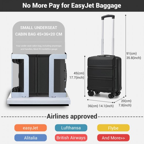 Kono 16 Inch ABS Hard Shell Under-Seat Cabin Suitcase with Spinner Wheels - Black | Lightweight & Durable Travel Companion