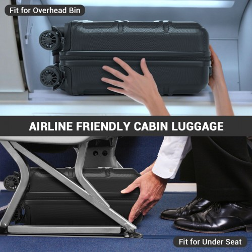 Kono 16 Inch ABS Hard Shell Under-Seat Cabin Suitcase with Spinner Wheels - Black | Lightweight & Durable Travel Companion