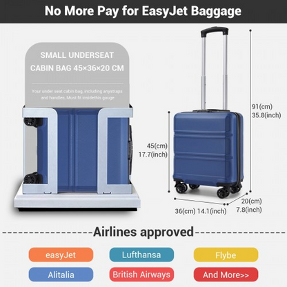 Kono 16 Inch ABS Hard Shell Under-Seat Cabin Suitcase with Spinner Wheels - Navy | Lightweight & Durable Travel Companion