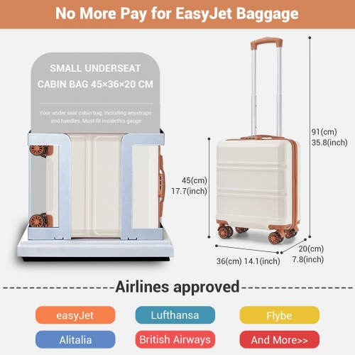 Kono 16 Inch ABS Hard Shell Under-Seat Cabin Suitcase with Spinner Wheels - Cream And Brown