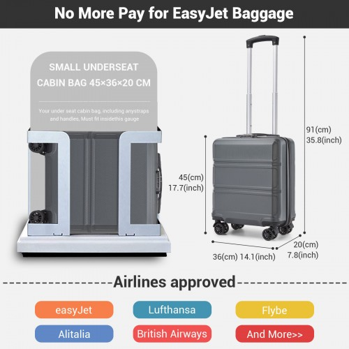 Kono 16 Inch ABS Hard Shell Under-Seat Cabin Suitcase with Spinner Wheels - Grey