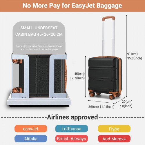 Kono 16 Inch ABS Hard Shell Under-Seat Cabin Suitcase with Spinner Wheels - Black and Brown