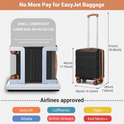 Kono 16 Inch ABS Hard Shell Under-Seat Cabin Suitcase with Spinner Wheels - Black and Brown