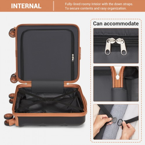 Kono 16 Inch ABS Hard Shell Under-Seat Cabin Suitcase with Spinner Wheels - Black and Brown