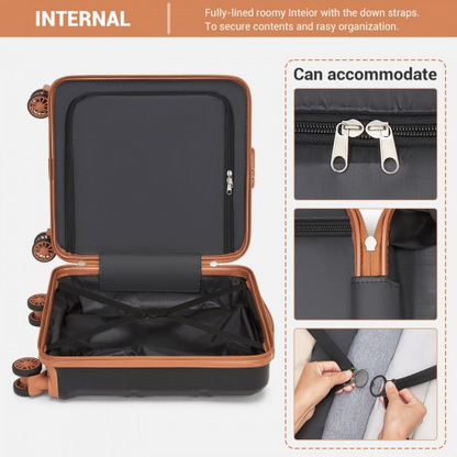 Kono 16 Inch ABS Hard Shell Under-Seat Cabin Suitcase with Spinner Wheels - Black and Brown