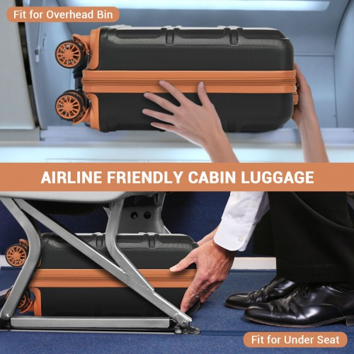 Kono 16 Inch ABS Hard Shell Under-Seat Cabin Suitcase with Spinner Wheels - Black and Brown