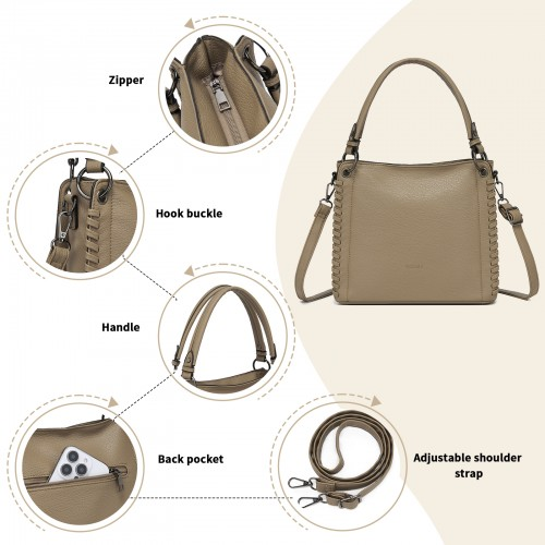 Miss Lulu Textured PU Leather Crossbody Handbag with Woven Accents for Women - Khaki | HBM2509