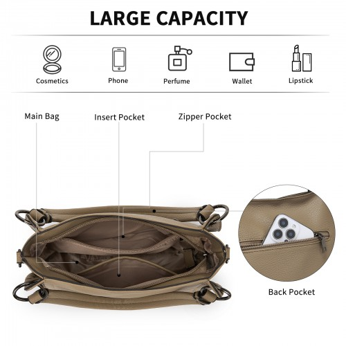 Miss Lulu Textured PU Leather Crossbody Handbag with Woven Accents for Women - Khaki | HBM2509