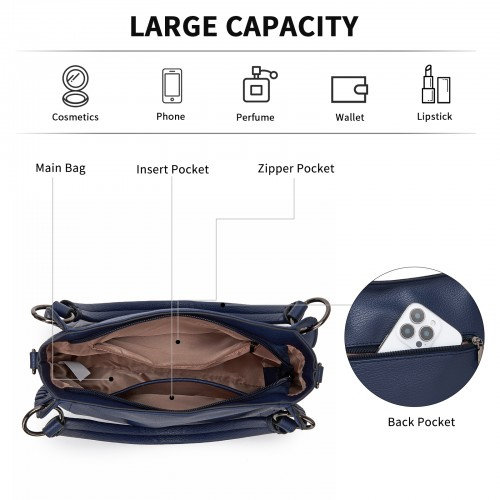 Miss Lulu Navy Textured PU Leather Crossbody Handbag with Woven Accents for Women – HBM2509 | Stylish & Functional