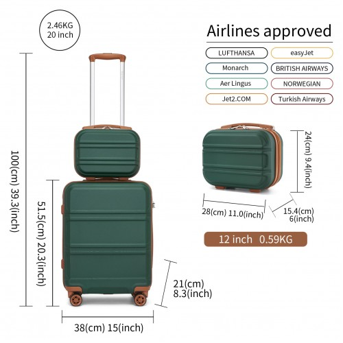 Kono ABS 4 Wheel Suitcase Set with Vanity Case - Stylish Green and Brown Luggage
