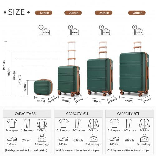 K1871-1L - Kono ABS Sculpted Horizontal Design 4 Pcs Suitcase Set With Vanity Case - Green And Brown