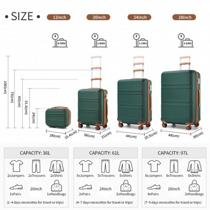 K1871-1L - Kono ABS Sculpted Horizontal Design 4 Pcs Suitcase Set With Vanity Case - Green And Brown