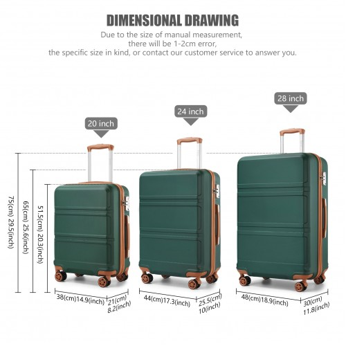 K1871-1L - Kono ABS Sculpted Horizontal Design 3 Piece Suitcase Set - Green And Brown