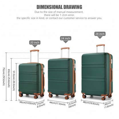 K1871-1L - Kono ABS Sculpted Horizontal Design 3 Piece Suitcase Set - Green And Brown