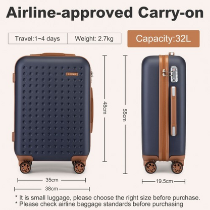 KSK2486 - Kono Stylish ABS+PC Polka Dot Hard Shell Suitcase With TSA Lock And Vanity Case 4 Piece Set - Navy And Brown