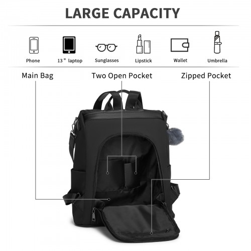 Miss Lulu Stylish Anti-Theft Convertible Backpack - Black | Spacious & Secure for Commuting & Daily Use