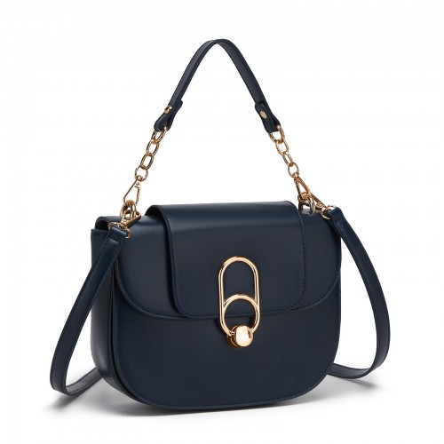Miss Lulu Stylish PU Saddle Bag with Chain-Accent Top Handle & Adjustable Strap - Navy