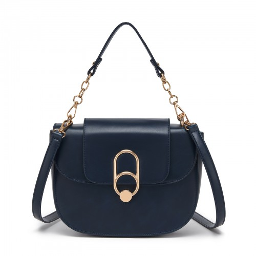 Miss Lulu Stylish PU Saddle Bag with Chain-Accent Top Handle & Adjustable Strap - Navy