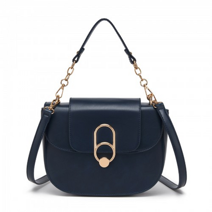 Miss Lulu Stylish PU Saddle Bag with Chain-Accent Top Handle & Adjustable Strap - Navy