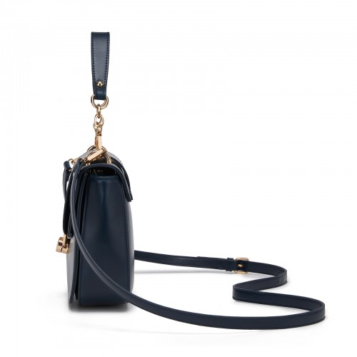 Miss Lulu Stylish PU Saddle Bag with Chain-Accent Top Handle & Adjustable Strap - Navy