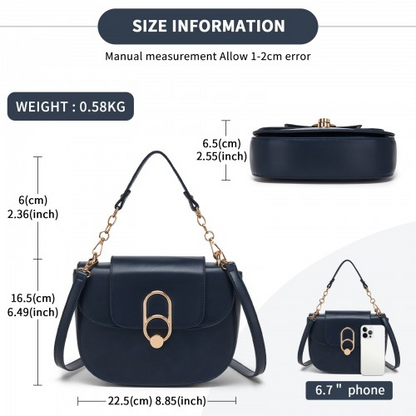 Miss Lulu Stylish PU Saddle Bag with Chain-Accent Top Handle & Adjustable Strap - Navy