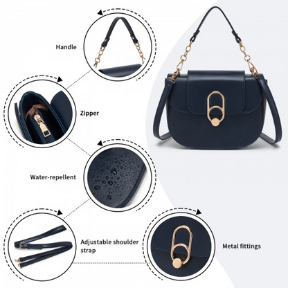 Miss Lulu Stylish PU Saddle Bag with Chain-Accent Top Handle & Adjustable Strap - Navy