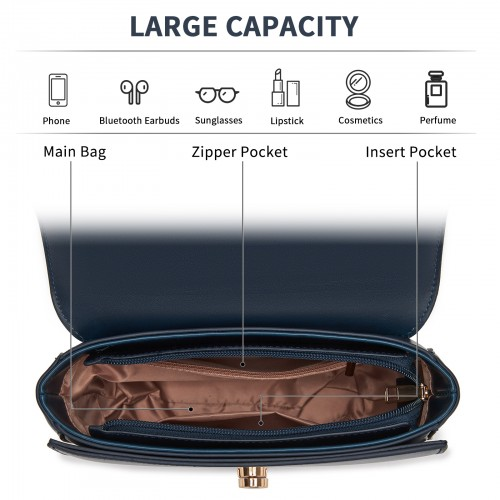 Miss Lulu Stylish PU Saddle Bag with Chain-Accent Top Handle & Adjustable Strap - Navy