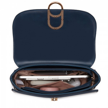 Miss Lulu Stylish PU Saddle Bag with Chain-Accent Top Handle & Adjustable Strap - Navy